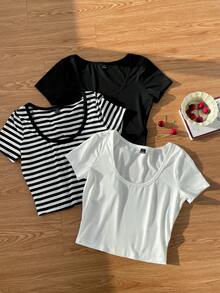 SHEIN EZwear 3件装 女士黑白条纹印花针织圆领短袖T恤 - 彩色 - 查看 5
