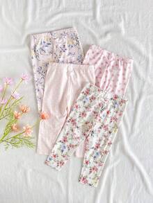 SHEIN Vintaside Kids Bộ 4 quần legging cho bé gái, kiểu dáng thường ngày, kẻ sọc, màu hồng trơn và màu mơ, thoải mái, mềm mại, thân thiện với da, giá cả phải chăng, phù hợp cho bé chơi trong nhà hoặc ngoài trời vào mùa xuân/hè. - Nhiều màu - Xem 3