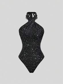 Sweetra Petite Women's Sexy Sequin Criss-Cross Halter Bodysuit, Stylish For Spring/Summer - Black - View 3