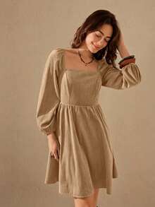 Wildy Elegant Khaki Square Neck Mini Dress For Women With Long Puff Sleeves And Flared Hem Made Of Woven Fabric - Khaki - View 3