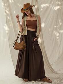 Wildy Women's Casual Western Country Vintage Basic Outfit Pants, Loose Wide Leg Trousers With Pockets, Suitable For Daily Wear, Commuting, Spring/Summer