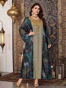 Al Najma Vestido feminino plus size elegante com gola de miçangas, mangas compridas e estampa, ideal para ocasiões formais. - Multicolorido - Ver 5