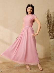 Elegantes Partykleid für Teenager-Mädchen mit Rundhalsausschnitt, Kurzarm, Spitzen-Patchwork und Chiffon - Pink - Übersicht 3