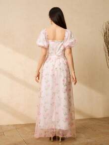 Elegantes Sommerkleid für Teenager-Mädchen mit Blume Muster und Puffärmeln - Verschiedenfarbig - Übersicht 2