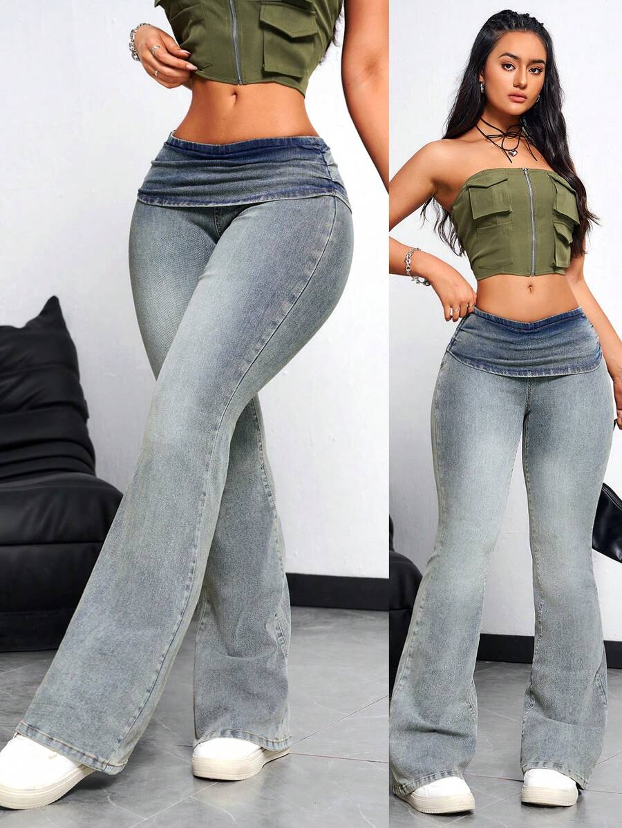 SHEIN EZwear 女性休閒時尚喇叭牛仔褲，腰部打摺款式 - 藍色 - 查看 1