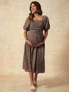 Boho Mama Maternity Clothes Maternity Dress Bohemian Vacation Summer Black Floral Square Neck Puff Sleeve Drawstring Waist Nursing Dress - Multicolor - View 3