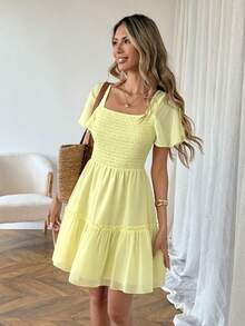 SHEIN LUNE 休闲女式奶油黄腰连衣裙 - 黃色 - 查看 4