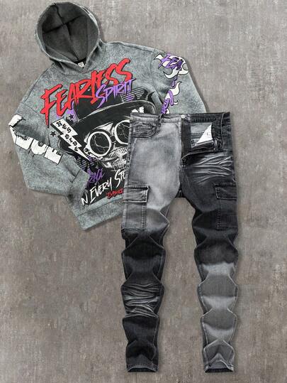 بنطلون جينز مرن ضيق بتصميم جيوب للأولاد المراهقين، ملابس كاجوال عصرية بتدرج ألوان أسود ورمادي، مناسب للارتداء اليومي والمدرسة والحفلات والشارع، قابل للغسيل