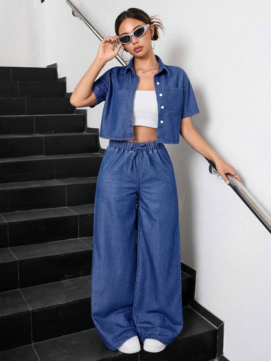 SHEIN Teen Girl Summer Casual Cropped Top And Wide Leg Denim Pants Set - Medium Wash - View 1