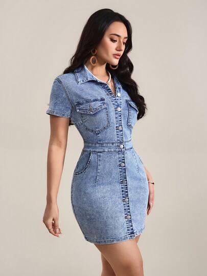 Flexra Women's Fashion Single-Breasted Bodycon Denim Dress