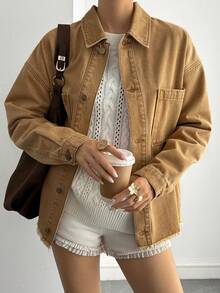 Livesso 休闲宽松女式牛仔夹克，翻领，毛边下摆