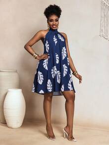 SHEIN BamGlam New Elegant Vacation Digital Print Halter Backless Women Dress, Spring/Summer - Blue - View 6