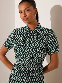 Lilora Women's Elegant Geometric Print Tie Neck Short Sleeve Shirt Dress,Green Summer Patterned Dress For Office,Sophisticated Casual Spring Summer Dress - Multicolor - View 6