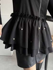 FRIFUL Women's Zipper Tank Top With Layered Ruffle Hem & Faux Pearl Decor, Loose Fit Layering Tank Top - Black - View 6
