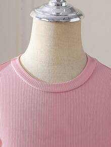 SHEIN Glamorique Kids 女童优雅甜美可爱圆领短袖罗纹面料收腰3D网纱刺绣A字时尚公主裙，适合节日派对、度假、夏季穿着 - 粉色 - 查看 6