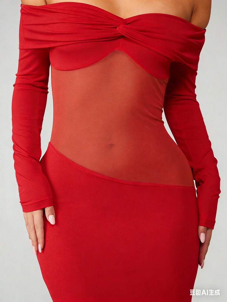 MISSGUIDED Vestido Longo Maxi Ombro a Ombro Bardot com Inserção de Tule, Manga Longa Justa, Vestido de Festa Formal Comprido até o Chão