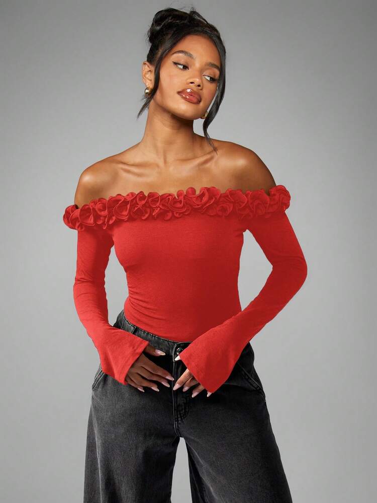 MISSGUIDED Off Shoulder Ruffle Trim Bardot Long Sleeve Bodysuit Valentine Floral Applique Evening Party Top