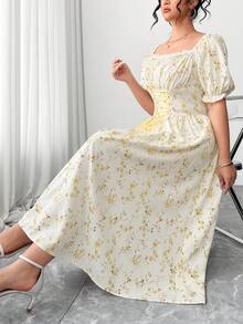 SHEIN PETITE CURVE 大码女式腰带系带碎花方领中长连衣裙，春夏款 - 黃色 - 查看 8