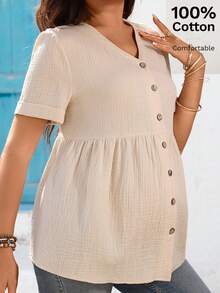 SHEIN Maternity Solid Color V-Neck Single-Breasted Casual Shirt, Short Sleeve - Khaki - View 1