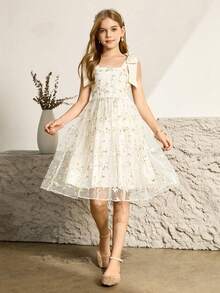 少女刺绣网纱优雅蝴蝶结派对无袖蝴蝶结连衣裙 - 杏色 - 查看 3