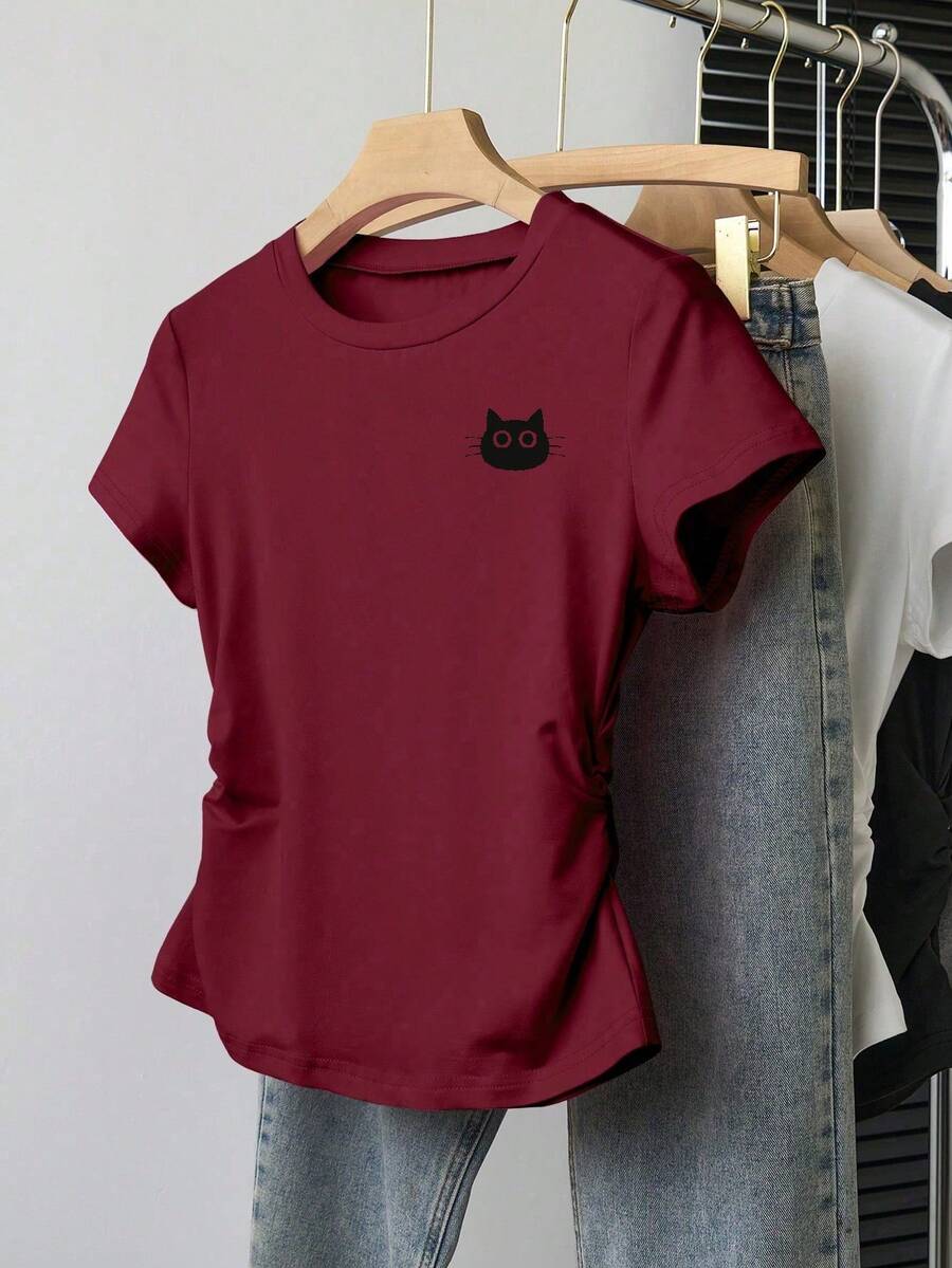 Sparklyn Tween Girls Casual Minimalist Cat Print Fitted Waist T-Shirt, Burgundy - Burgundy - View 1