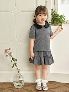 Genkimix Kids 2pcs/Set Toddler Girl Baby Collared Puff Sleeve T-Shirt And Layered Skirt, School Grey Top And Skirt Outfit