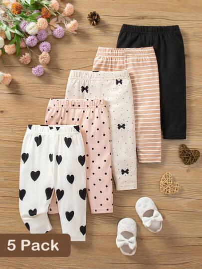 SHEIN Vintaside Kids 5件套女婴休闲日常百搭心形、波点、蝴蝶结、条纹印花裤，春秋
