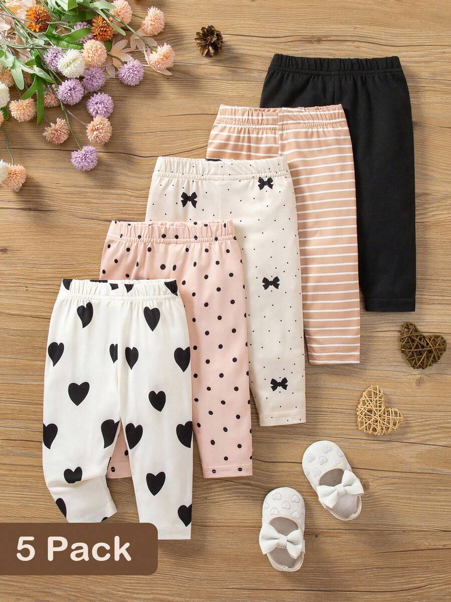 SHEIN Vintaside Kids 5件套女婴休闲日常百搭心形、波点、蝴蝶结、条纹印花裤，春秋 - 彩色 - 查看 1