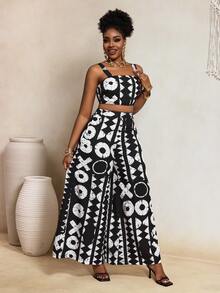 SHEIN BamGlam 新款复古极简性感数码印花无袖背心和长裤两件套，适合春夏度假穿着 - 黑色 - 查看 2