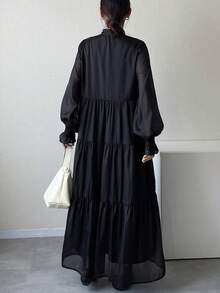 FRIFUL Damen Einfarbiges Kleid mit Krawattenausschnitt, Langarm, Rüschensaum, Lässig Sommerkleid - Schwarz - Übersicht 2