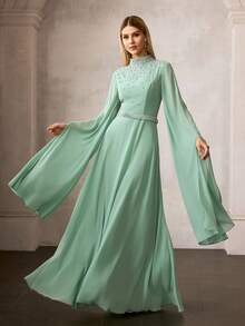 MOTF PREMIUM 女士高领及地晚礼服，饰有水钻，雪纺超长袖修身连衣裙，完美适用于正式场合 - 綠色 - 查看 7