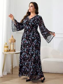 Al Najma 大码女式V领蝴蝶印花宽松土耳其长裙，阿拉伯传统风格 - 彩色 - 查看 3