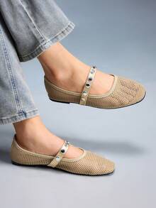 CUCCOO GRLICON Women's Hollow Out Studded Decor Casual Fashionable Flat Shoes Valentine's Day - Apricot - View 6