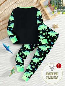 1 Set Pijama de manga larga ajustado con estampado de dinosaurio para niño pequeño, que brilla en la oscuridad (Nota: Este producto requiere exposición a luz UV para brillar. La versión ajustada es pequeña, por favor pida una talla talla grande si le preocupa) - Negro - Ver 2