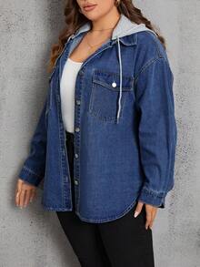 EMERY ROSE Plus Size Women Autumn Dropped Shoulder Long Sleeve Drawstring Hooded Denim Jacket With Pockets - Dark Wash - View 6