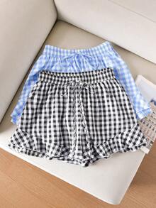CosyJoli 大码女式休闲夏季抽绳腰松紧腰格子印花短裤 - 彩色 - 查看 3