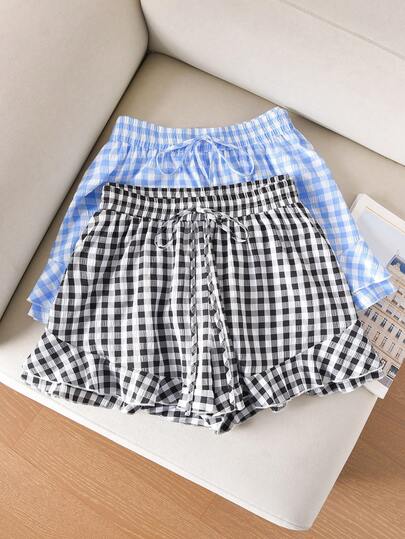 CosyJoli Plusstorlek Dam Casual Sommar Dragsko Midja Elastisk Midja Rutigt Tryck Shorts