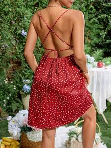 SHEIN 孕妇夏季休闲波点印花无袖连衣裙 - 紅色 - 查看 2