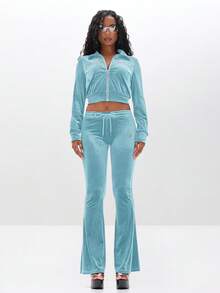 BABYPHAT Velvet Zip Up Sweatshirt With Rhinestone Embellished Logo - Blue - View 3