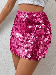 SHEIN PETITE Women's Fashionable Sexy Party Sequin Mini Skirt - Hot Pink - View 1
