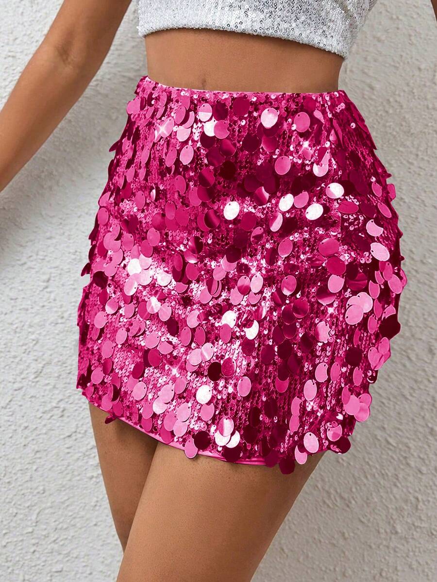 SHEIN PETITE Women's Fashionable Sexy Party Sequin Mini Skirt - Hot Pink - View 1