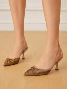 CUCCOO HITCHD Giày cao gót lưới màu sâm panh thêu ren mũi nhọn thanh lịch dành cho nữ, giày cô dâu cho buổi hẹn hò lãng mạn, đám cưới, tiệc tối - Vàng - Xem 7