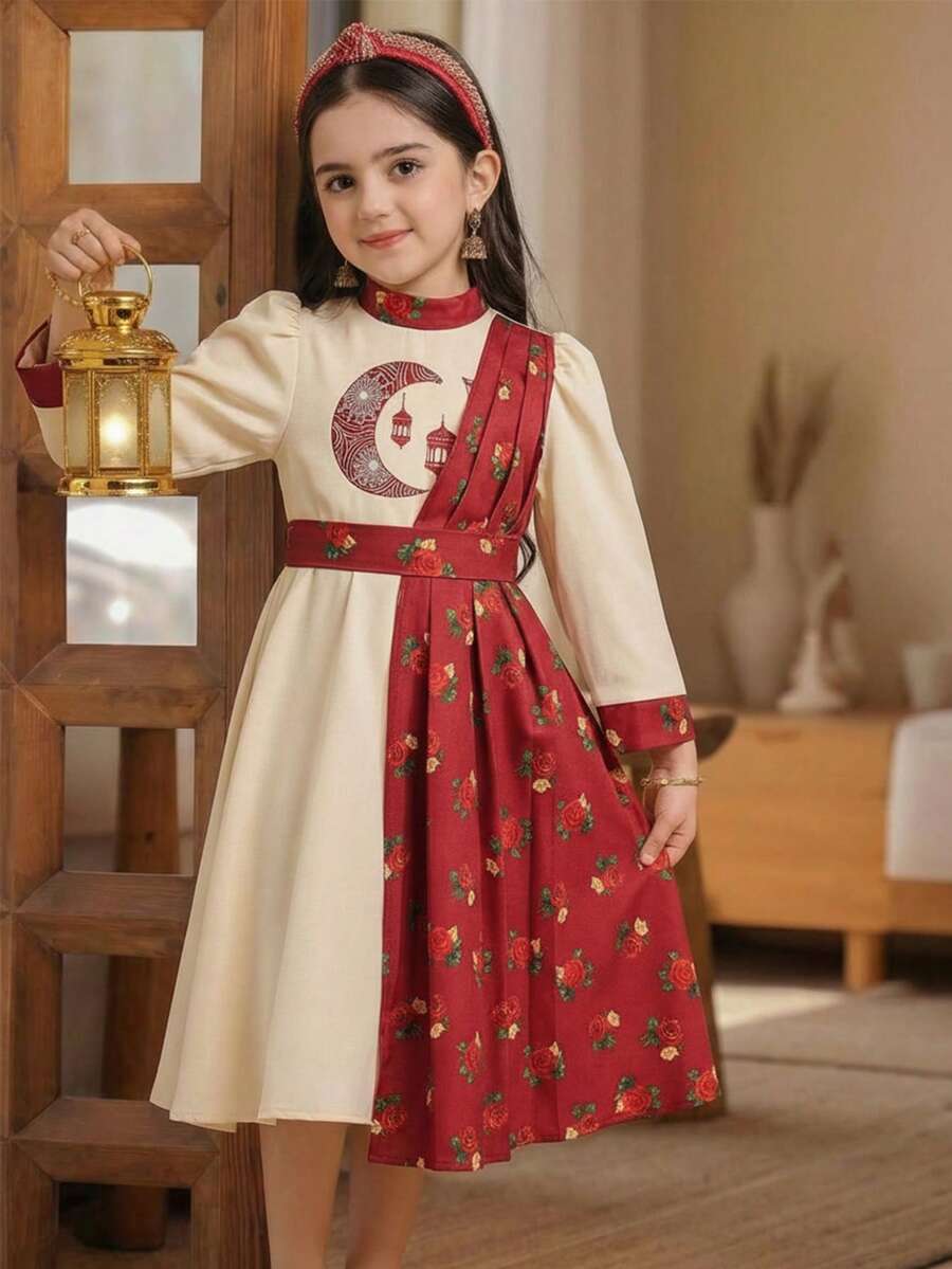 SHEIN 少女碎花修身圆领雪纺连衣裙,适合姐妹装、日常穿着、节日庆典、家庭聚会和特殊场合,春夏季节穿着,度假必备。 - 酒紅色 - 查看 1