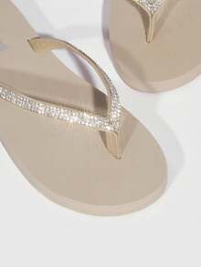 女士鞋轻便舒适水钻装饰塑料米色人字拖鞋夏季度假鞋夏季促销返校鞋大学生鞋万圣节新年假期