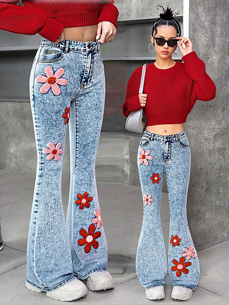 SHEIN ChillGRL 少女休闲时尚简约水洗浅蓝色喇叭牛仔裤 Y2k - 淺色水洗藍 - 查看 1