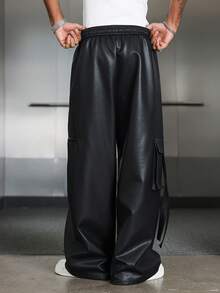 PAVTROS Casual Straight Leg Fashion Trousers Men Black Pants Men Wide Leg Pants Black Baggy Pants Men Leather Cargo Pants,With Metallic Stud Detail,New Year Gift