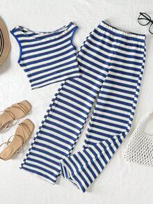 Tween Girl Casual Vacation Street Asymmetric Textured Knit Striped Cropped T-Shirt And Matching Straight Leg Knit Striped Pants Set, Back To School Outfit, Blue & White Stripe Summer Lounge Set Two Piece Set Striped Two Piece Set Preppy Two Piece Set - Blue and White - View 1