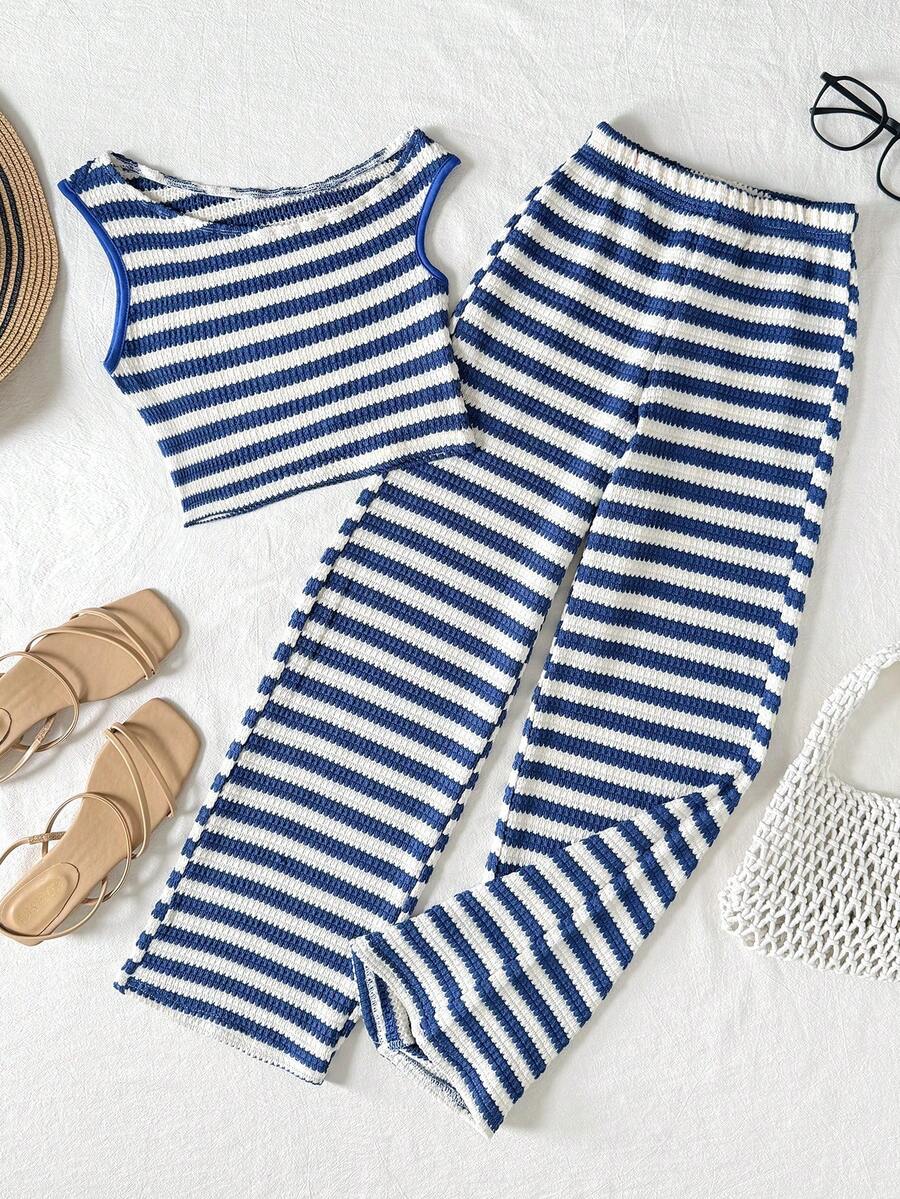 Tween Girl Casual Vacation Street Asymmetric Textured Knit Striped Cropped T-Shirt And Matching Straight Leg Knit Striped Pants Set, Back To School Outfit, Blue & White Stripe Summer Lounge Set Two Piece Set Striped Two Piece Set Preppy Two Piece Set - Blue and White - View 1