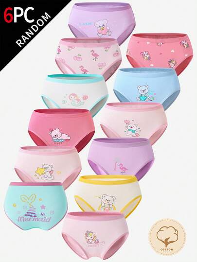 Young Girls Panties-6 Pack Random Girls Underwear Cute Printed Briefs Pastel Colors Assorted Cartoon Bears Flamingo Princess Mermaid Hearts Comfortable Elastic Waistband Everyday Wear Four Seasons Holiday 2026 Essential Gift Round Neck Long Sleeve Skirt Pants Girl Panties For Kids
