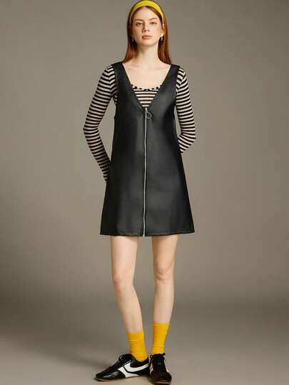 Elnivra Preppy Style Y2K Women's Solid Color V-Neck Zipper PU Leather Casual Sleeveless Dress Spring/Summer For Valentine's Day